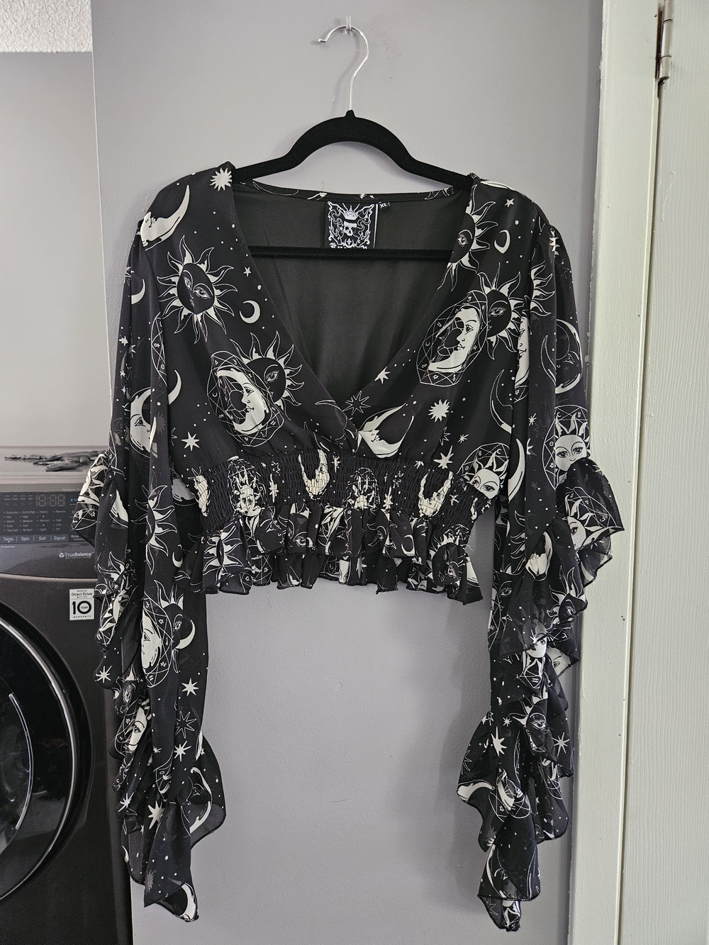 Killstar Black Celestial Ruffle V-Neck Crop Top With Long Sleeves